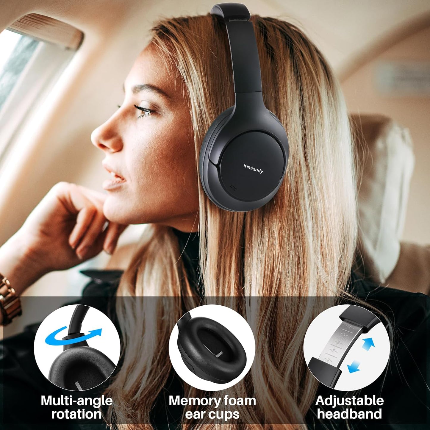 Kimiandy Active Noise Cancelling Headphones, Wireless Over Ear Bluetooth Headphones, 60H Playtime