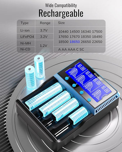 Kimiandy Smart Universal Charger LCD Display for Rechargeable Batteries Ni-MH Ni-Cd AA AAA Li-ion LiFePO4 IMR 10440 14500 16340 RCR123A 26650
