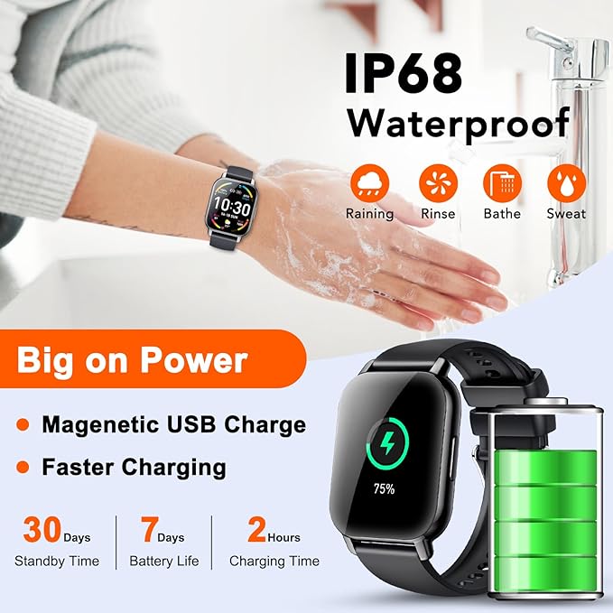 Kimiandy Smart Watch (Answer/Make Calls), 1.85" Smartwatch for Men Women IP68 Waterproof