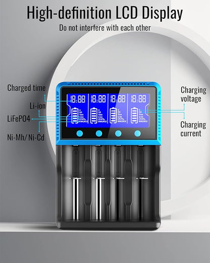 Kimiandy Smart Universal Charger LCD Display for Rechargeable Batteries Ni-MH Ni-Cd AA AAA Li-ion LiFePO4 IMR 10440 14500 16340 RCR123A 26650