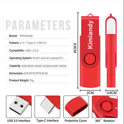 Kimiandy Red Rotatable USB Flash Drive 64GB 128G 2.0TYPE-C USB Stick Creative Gift Pen Drive
